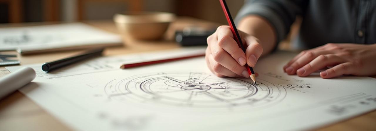 Mani che disegnano un progetto tecnico su carta