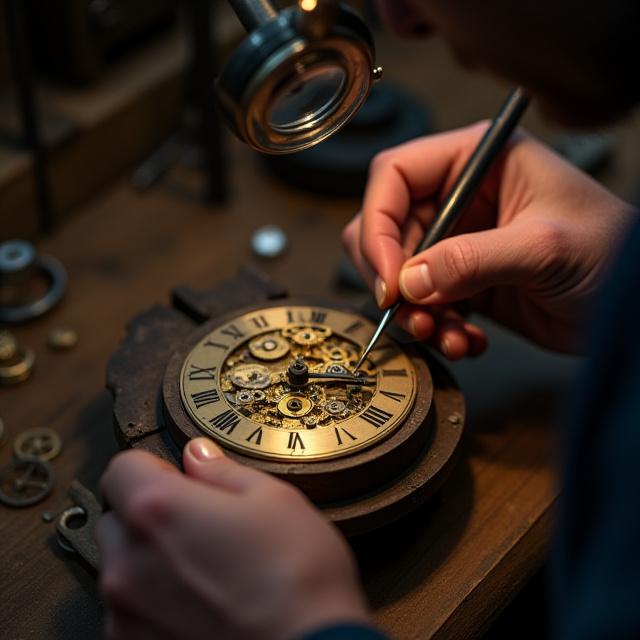 Orologiaio che lavora con lente di ingrandimento su orologio antico